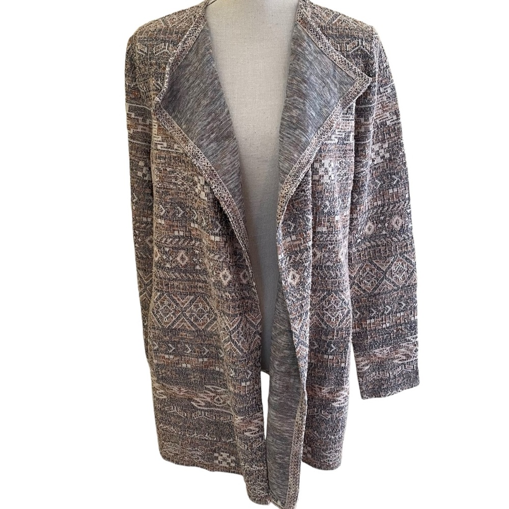 Lucky Brand Tan/Cream/Rust/Grey Neutral Aztec Print Open Front Duster Jacket